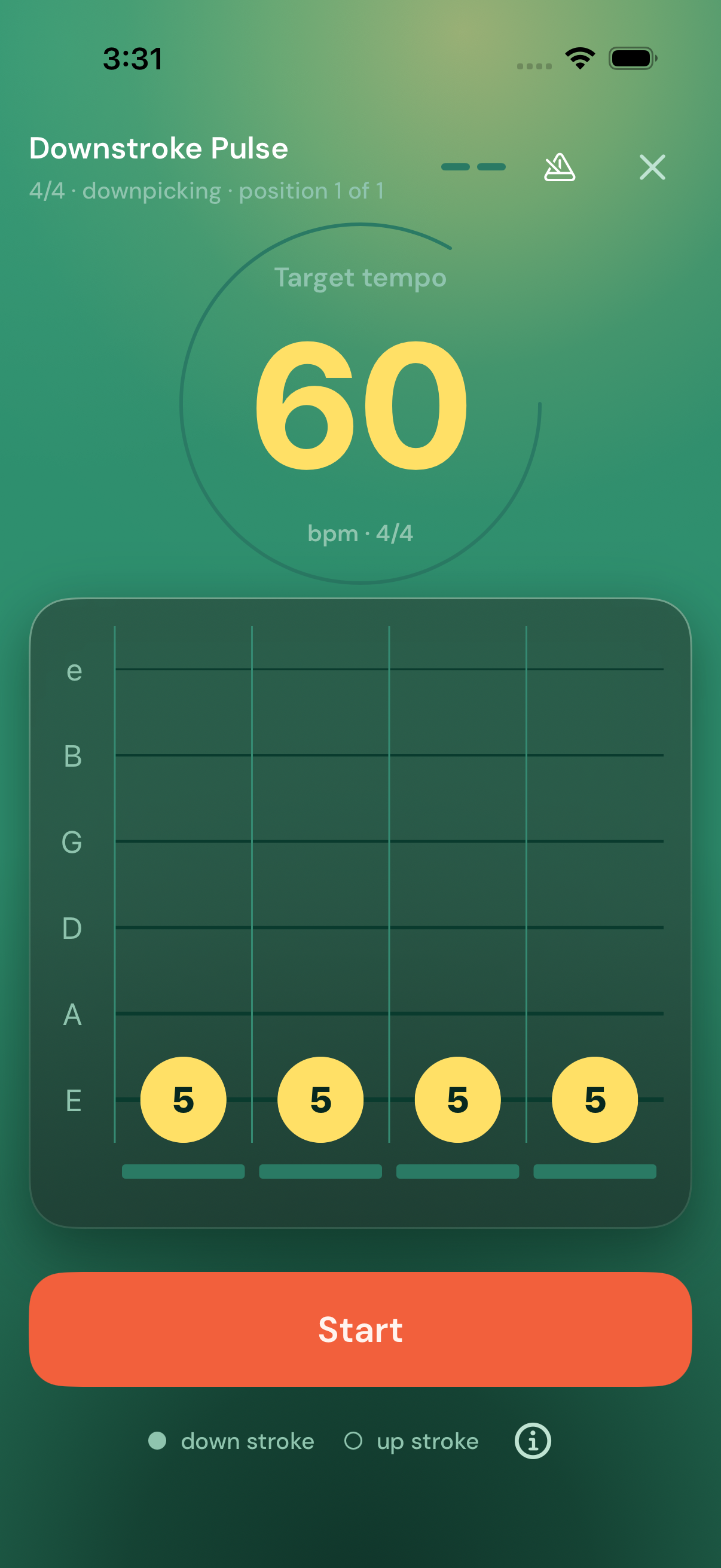 Downstroke Pulse at 60 BPM, with four downstrokes on the fifth fret and a Start button