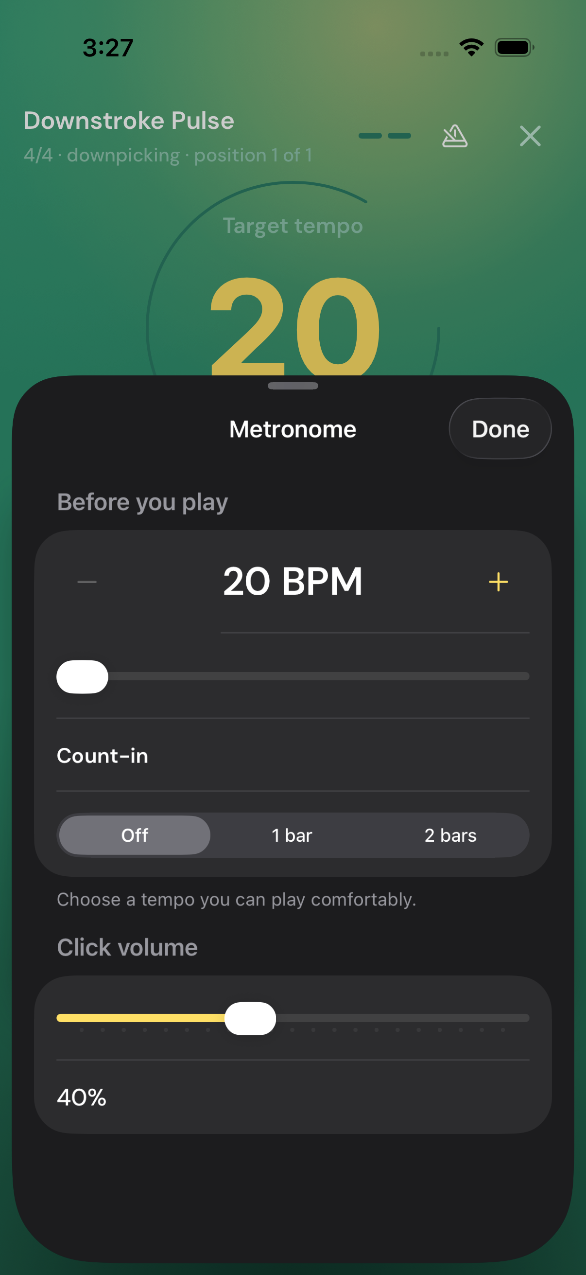 Exercise metronome with adjustable tempo, count-in, and click volume